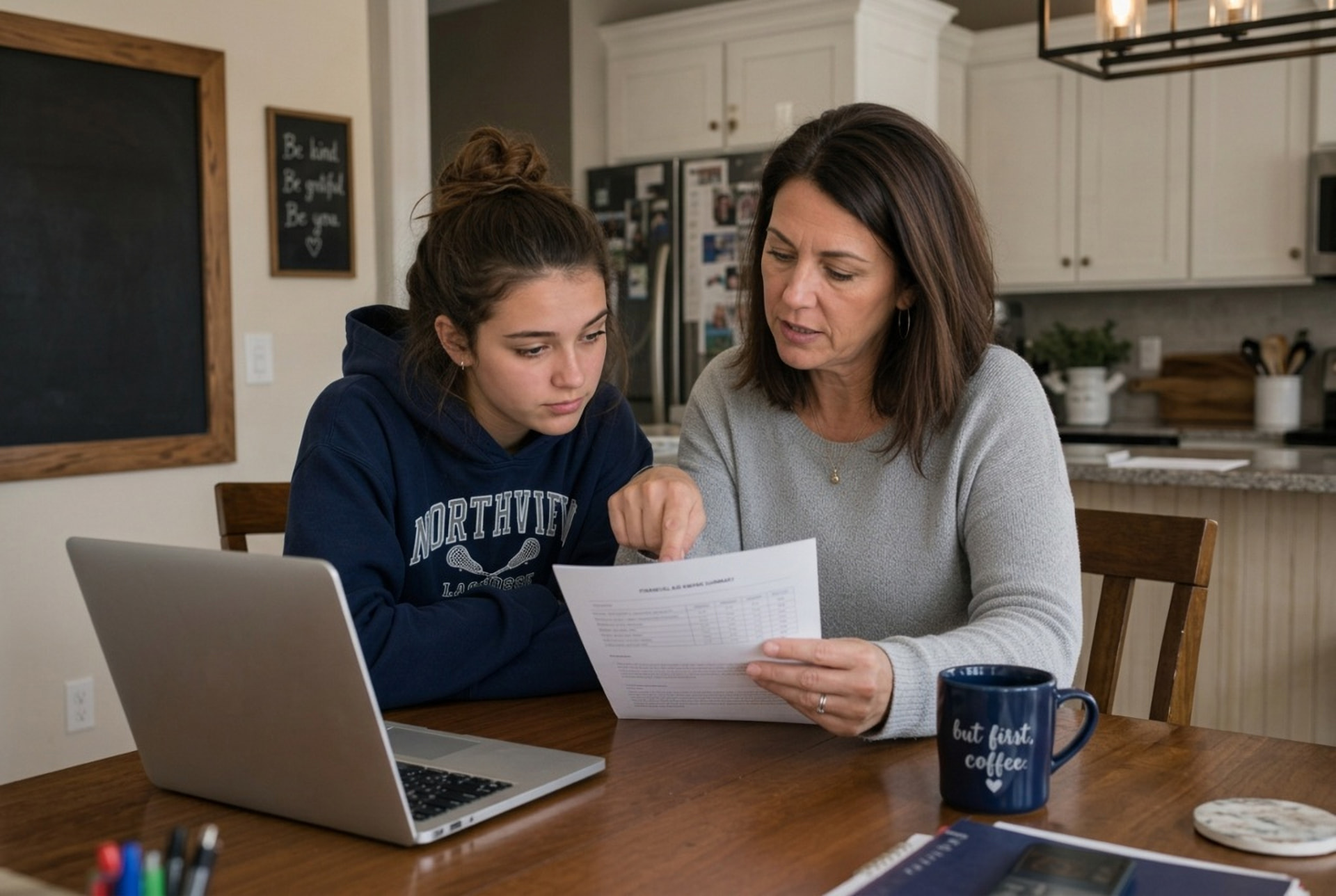 Mother and daughter sitting at a kitchen table reviewing a college planning worksheet together with a laptop open nearby.