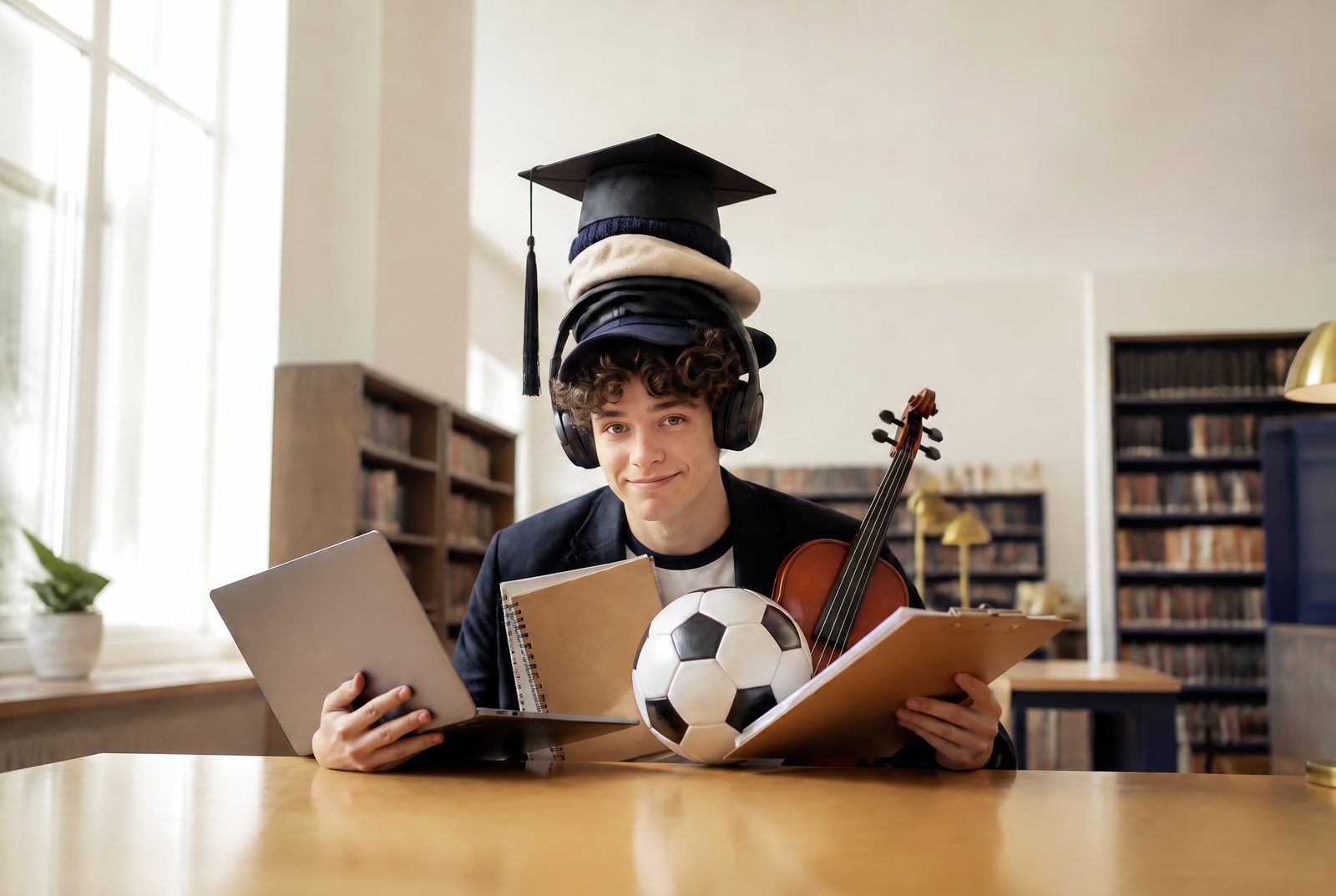 A smiling high school student wearing a tall stack of hats and holding a laptop, soccer ball, violin, notebook, and clipboard to humorously show juggling too many extracurricular activities.