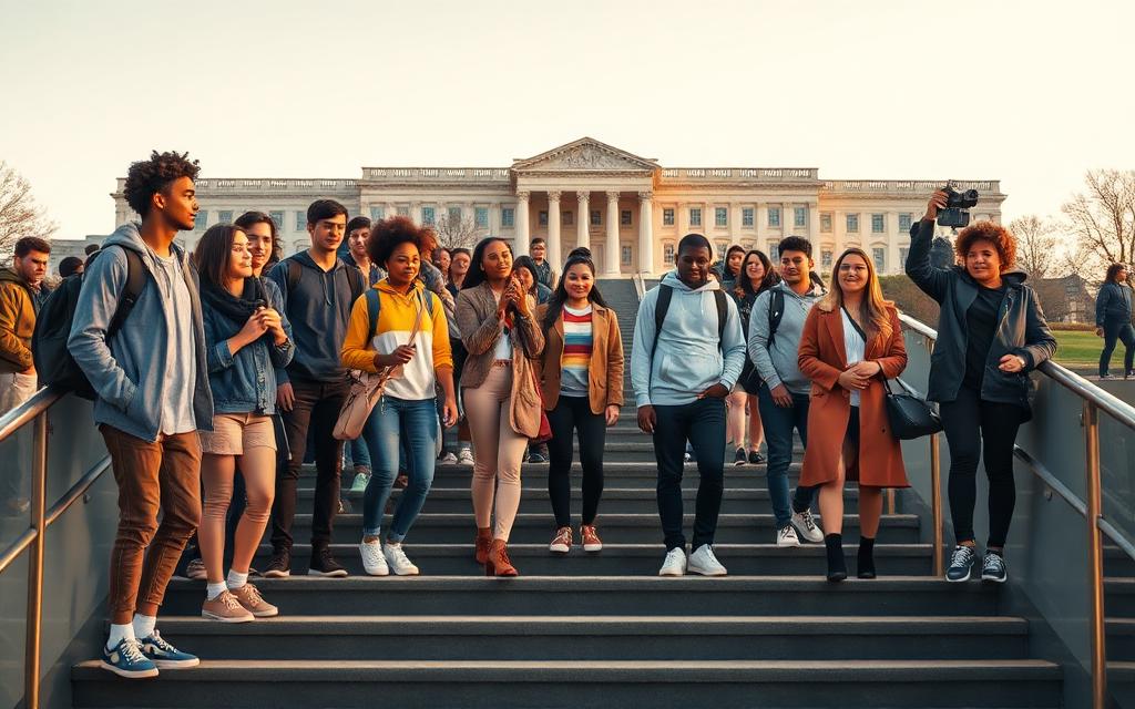 A diverse group of first-generation high school students on platform-style steps leading toward a university campus in the distance.