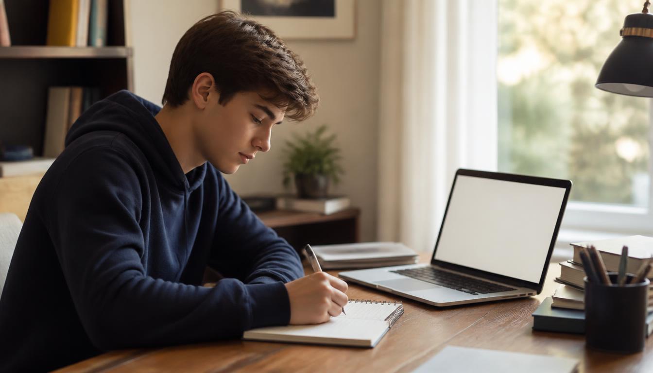 High school student writing a college application essay by hand in a notebook beside an open laptop at a sunlit desk.
